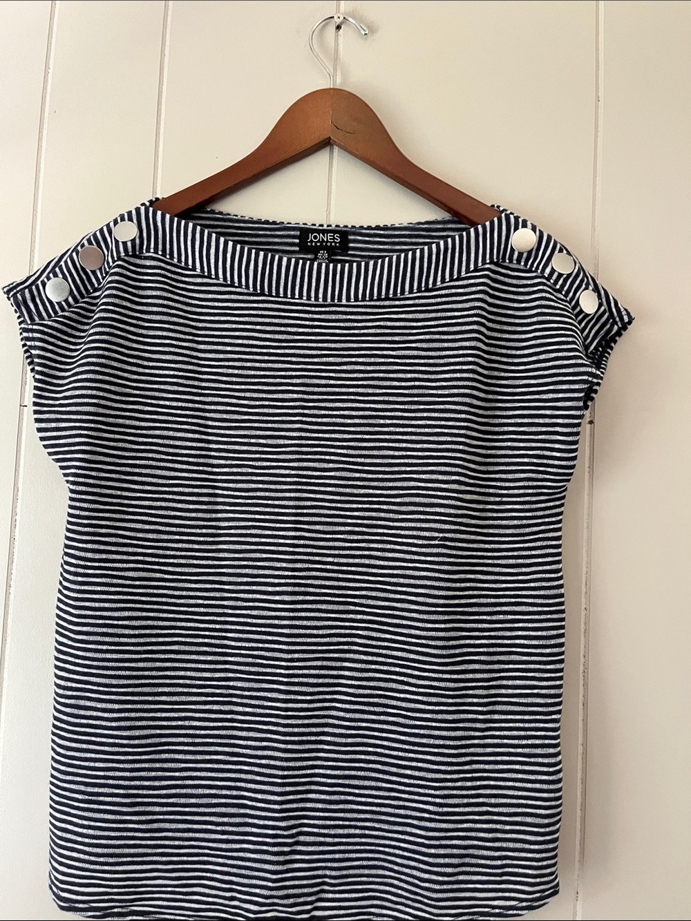 Jones New York Navy and White Striped Boatneck Top with Shoulder Buttons